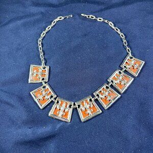 Vintage Silver Tone Fleur-De-Lis & Brown Leather Choker Necklace